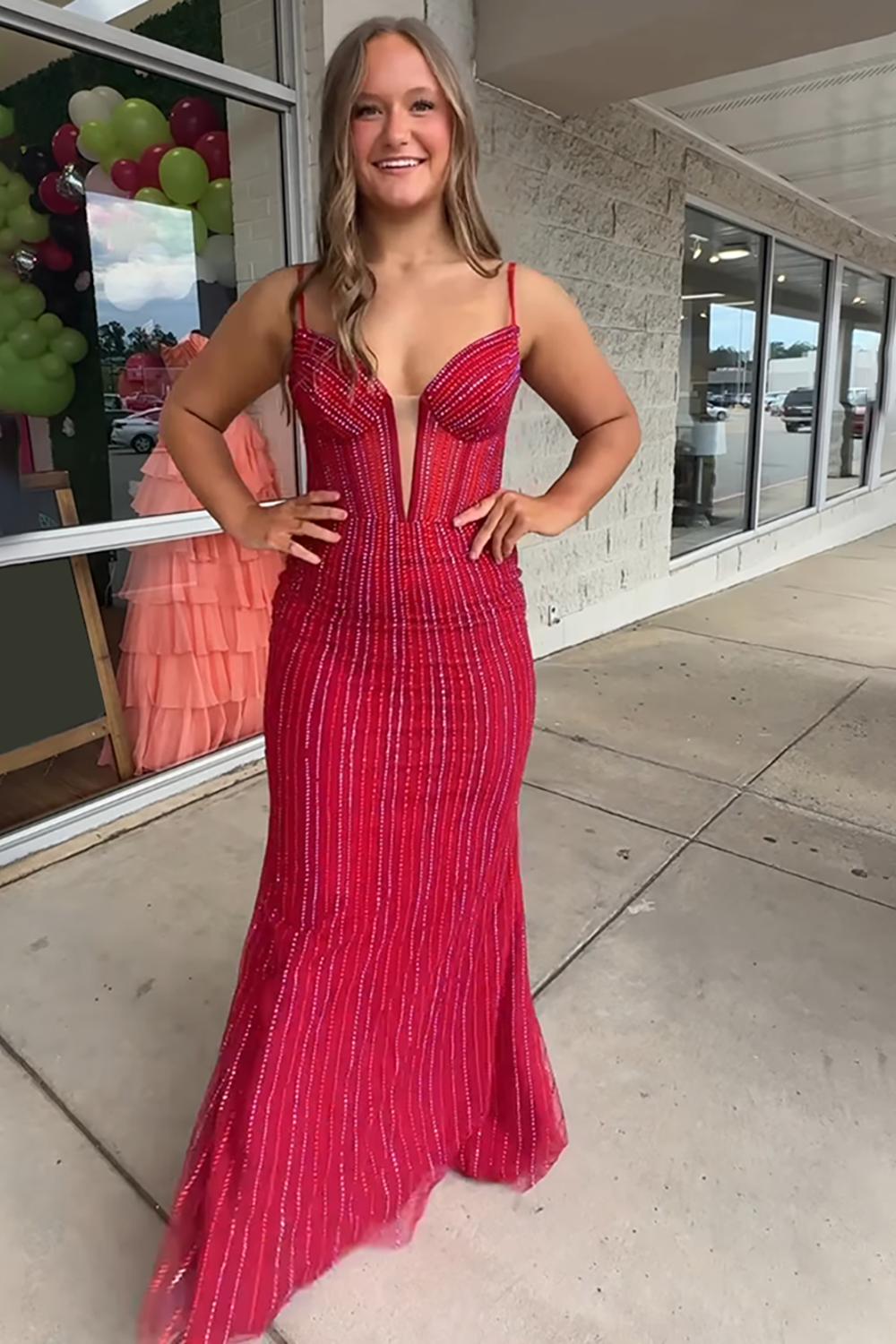 Sparkly Red Beaded Mermaid Spaghetti Straps Long Prom Dress