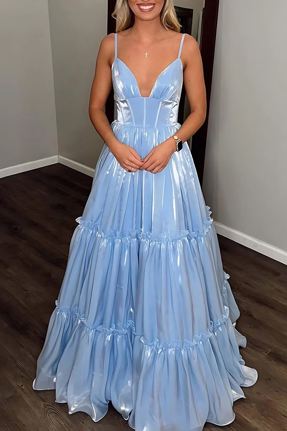 Blue V-Neck Corset A Line Ruched Long Prom Dress