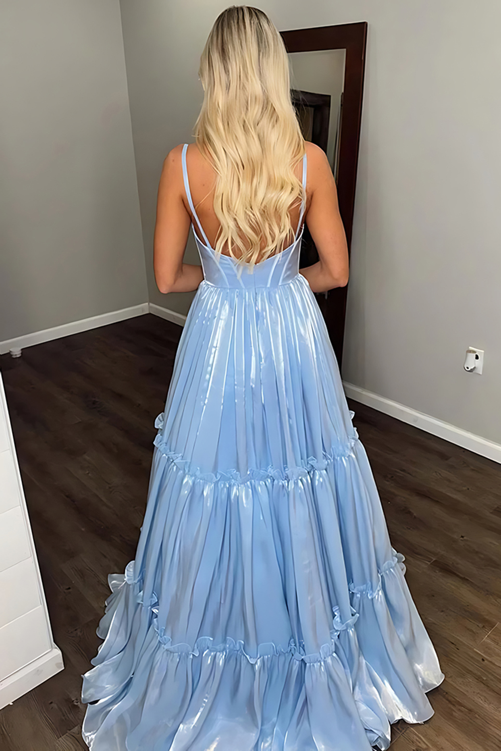 Blue V-Neck Corset A Line Ruched Long Prom Dress