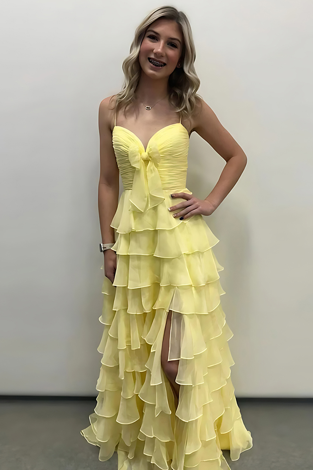 Yellow Tiered Ruffled A Line Long Prom Dress with Slit