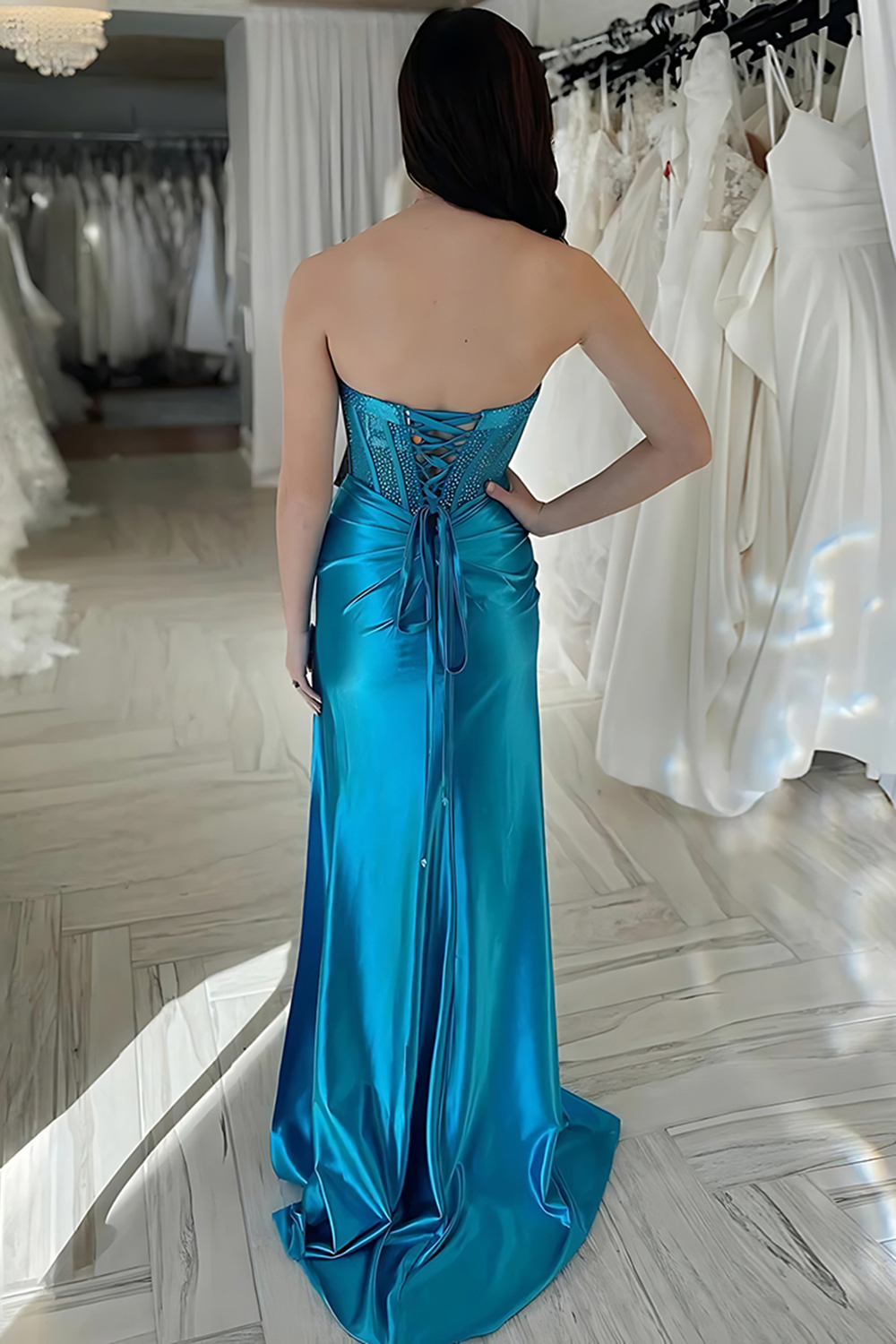Sparkly Blue Corset Beaded Mermaid Long Prom Dress with Slit