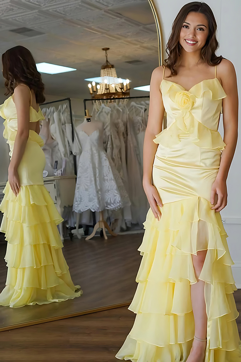 Floral Yellow Tiered Ruffled Mermaid Long Prom Dress with Slit