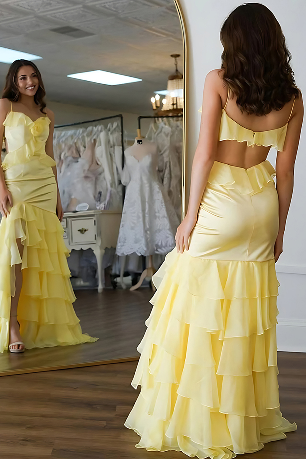 Floral Yellow Tiered Ruffled Mermaid Long Prom Dress with Slit