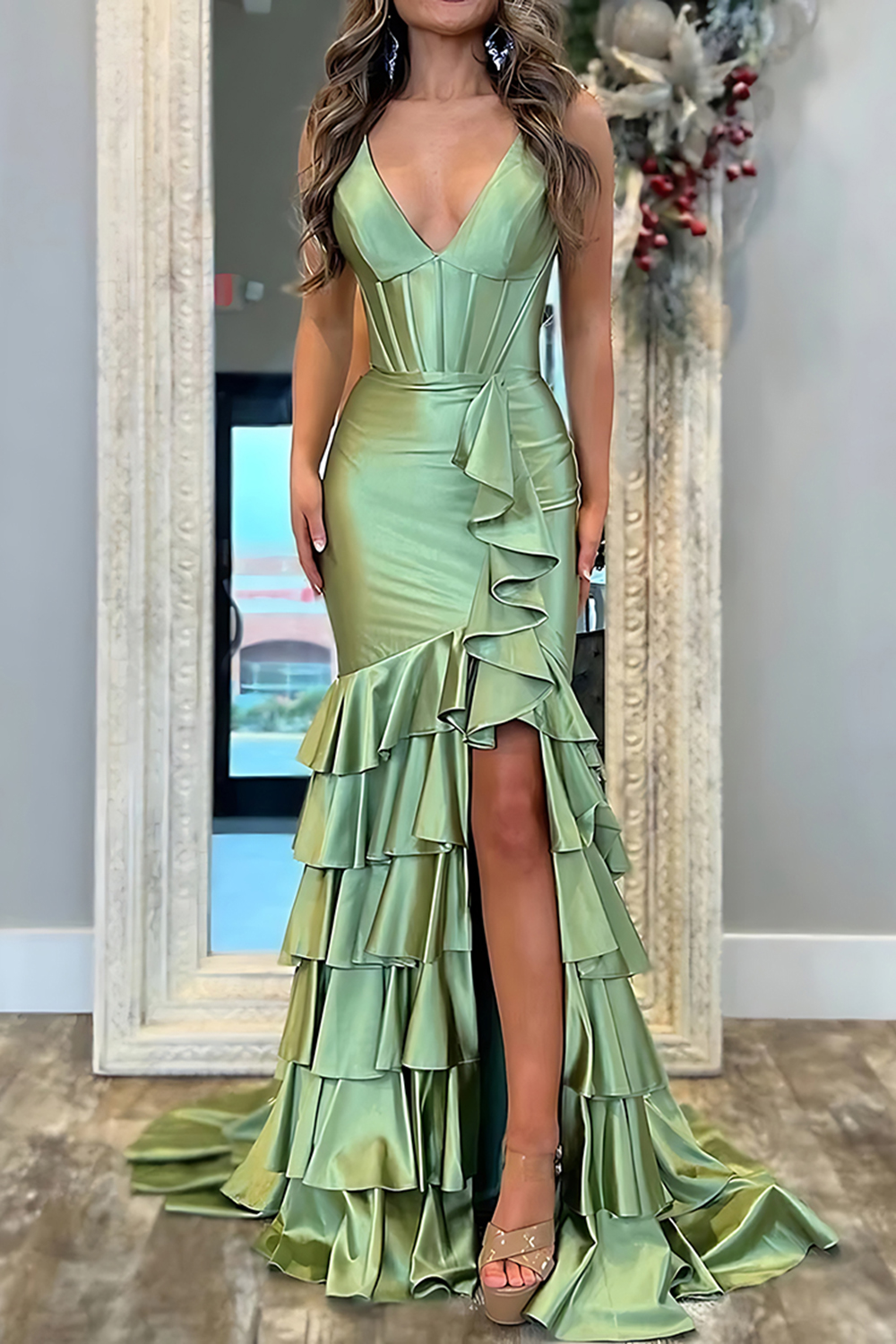 Sage Green Corset Ruffled Tiered Mermaid Long Prom Dress with Slit