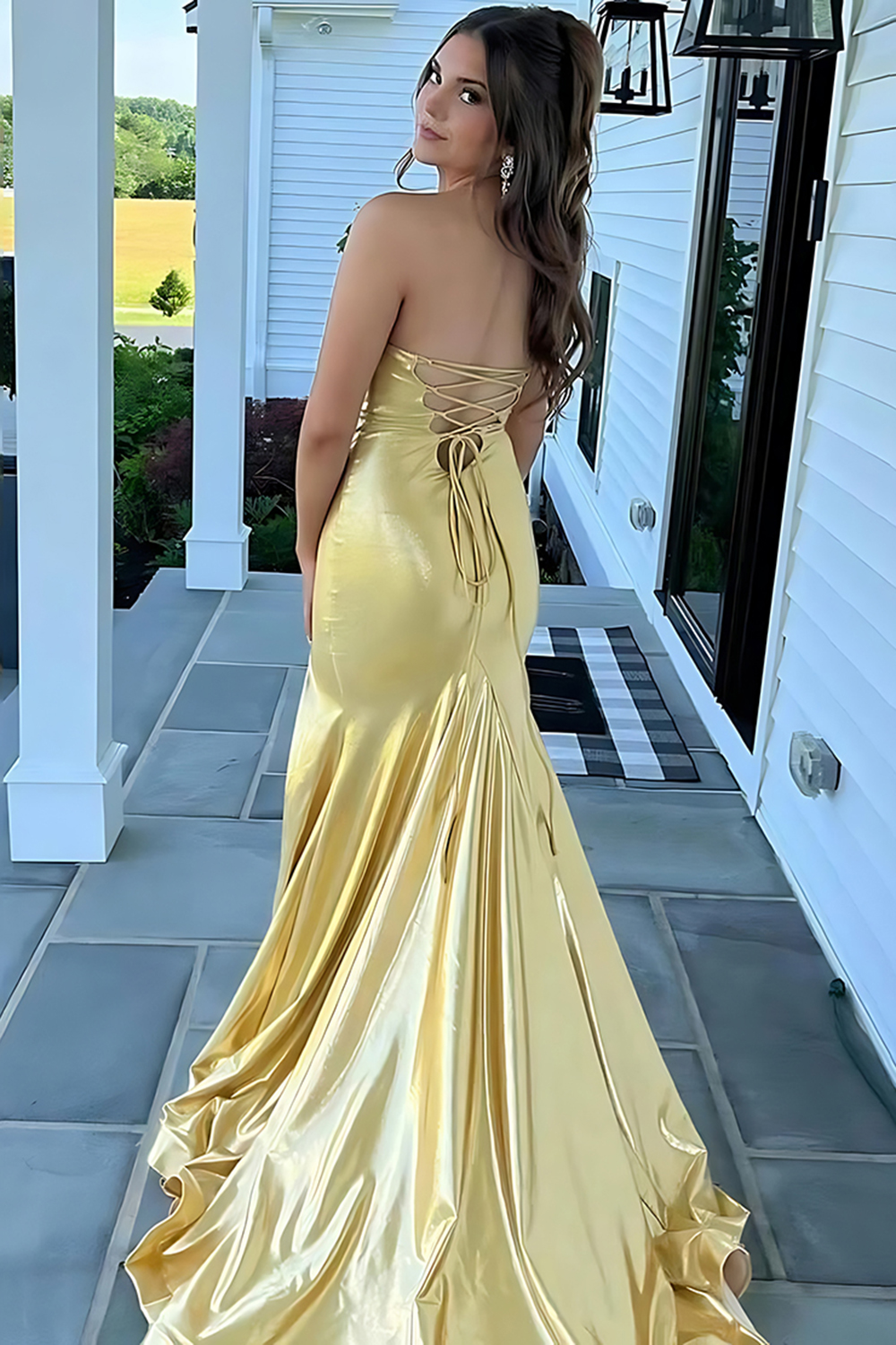 Yellow Strapless Mermaid Metallic Long Prom Dress with Slit