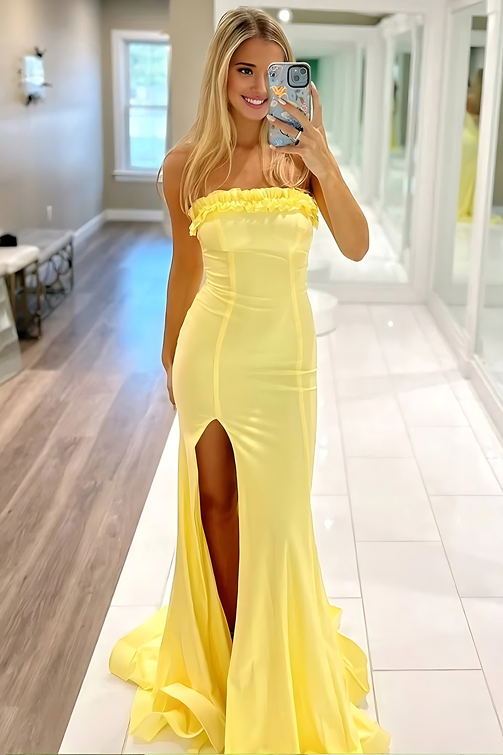 Yellow Mermaid Ruffled Strapless Long Prom Dress with Slit