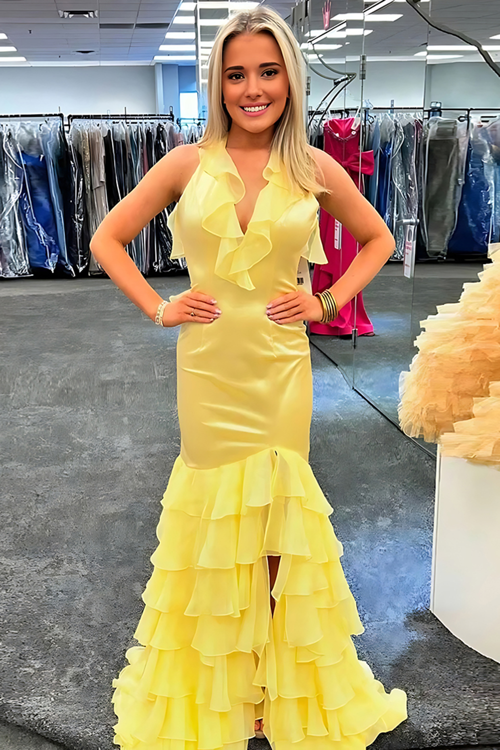 Yellow Mermaid Halter Ruffled Tiered Long Prom Dress with Slit