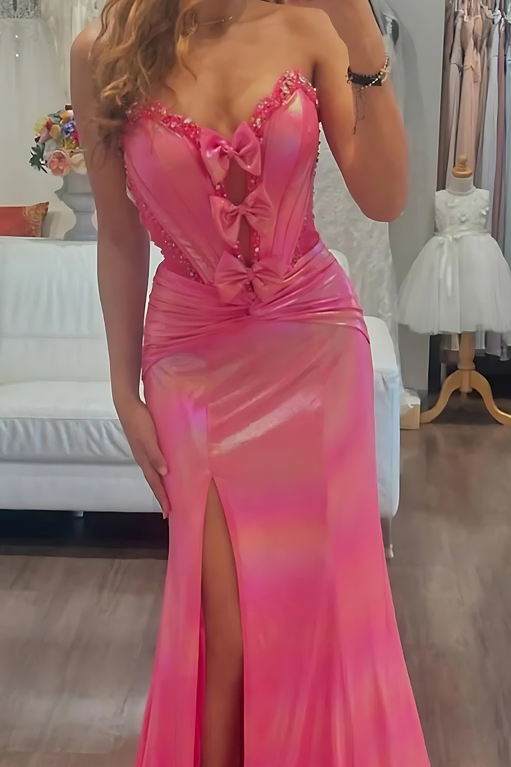 Sparkly Fuchsia Mermaid Sweetheart Corset Long Prom Dress with Bows