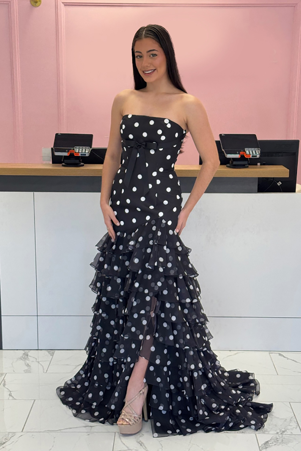 Black and White Polka Dots Tiered Strapless Long Mermaid Prom Dress with Bow