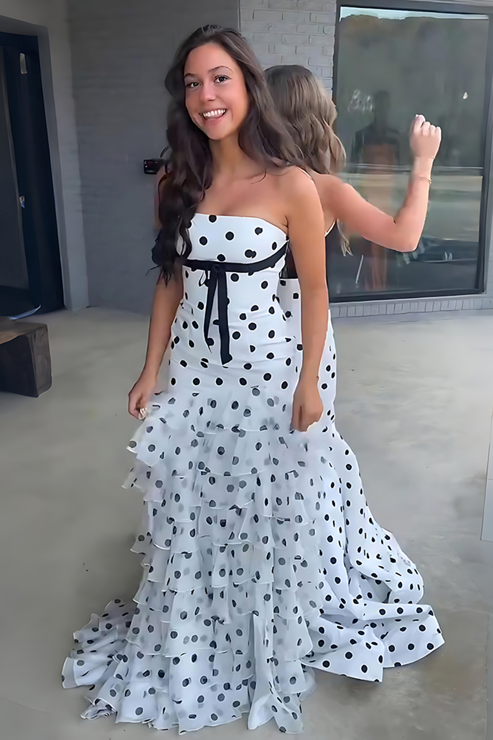 White Black Polka Dots Mermaid Tiered Ruffled Long Prom Dress with Sash