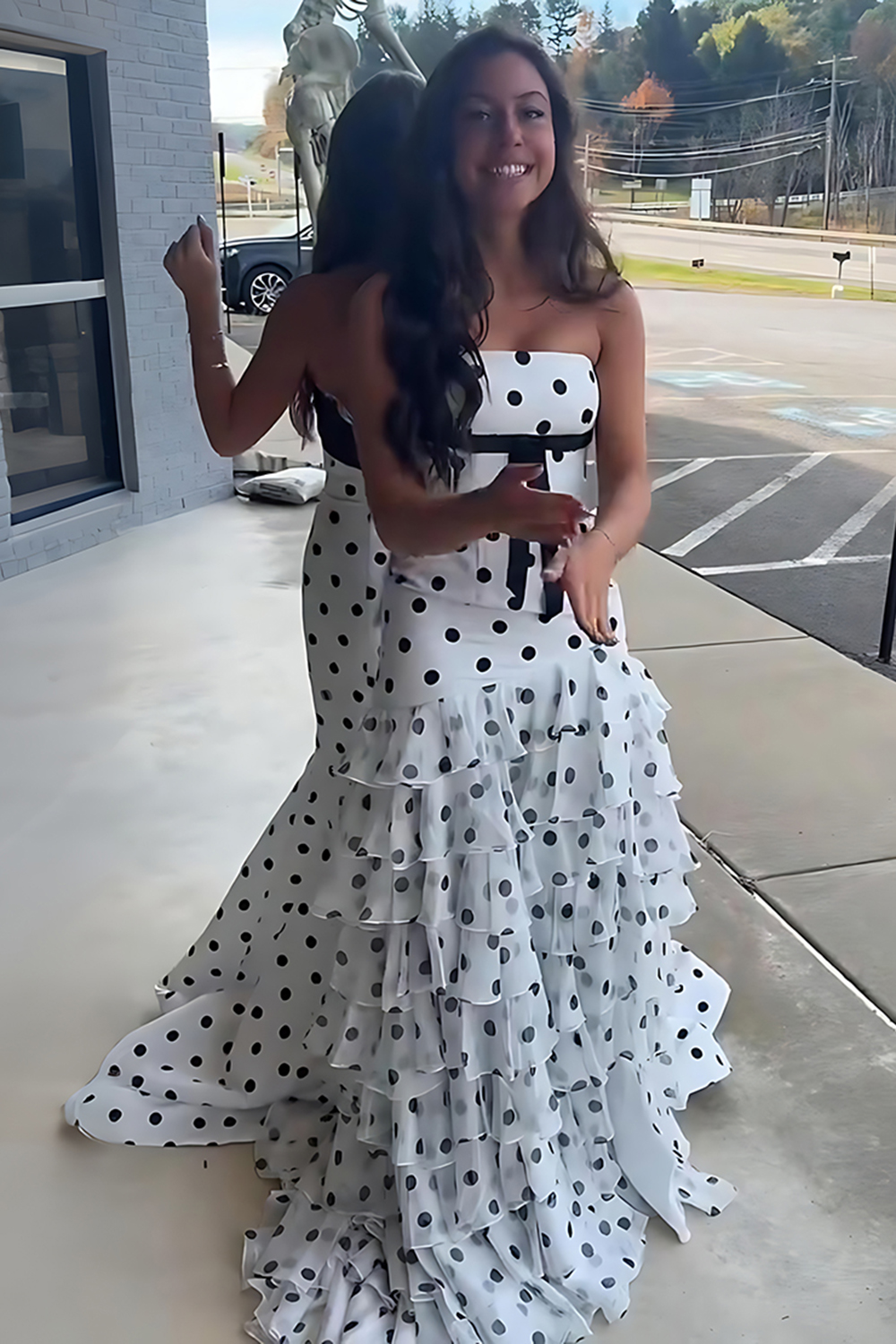 White Black Polka Dots Mermaid Tiered Ruffled Long Prom Dress with Sash