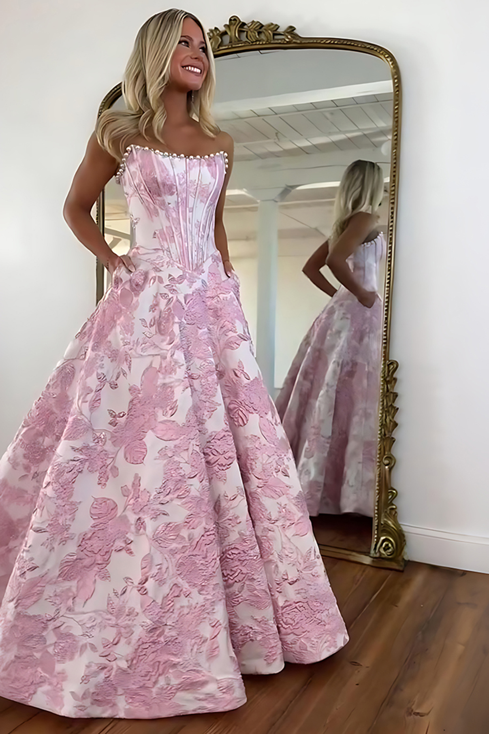 Sparkly Grey Blue Flower Strapless A-Line Long Corset Prom Dress with Beading