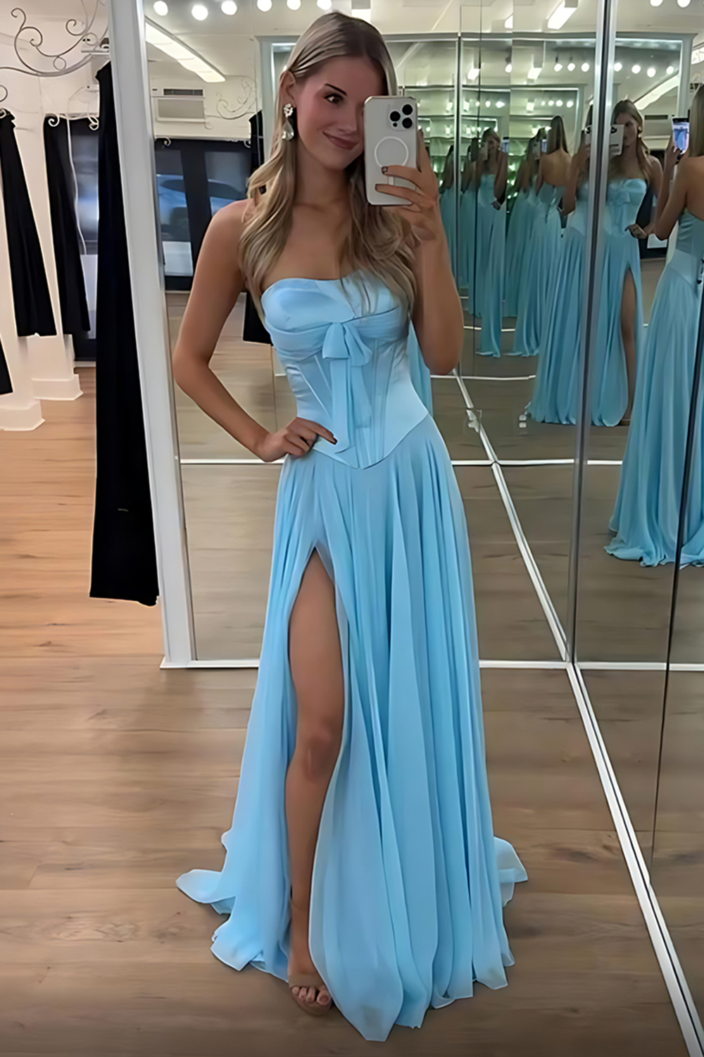 Blue Corset A Line Strapless Long Prom Dress with Slit