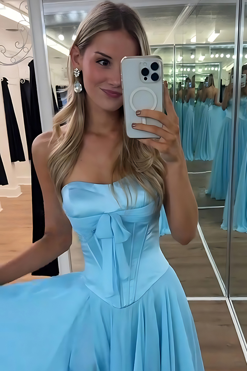 Blue Corset A Line Strapless Long Prom Dress with Slit