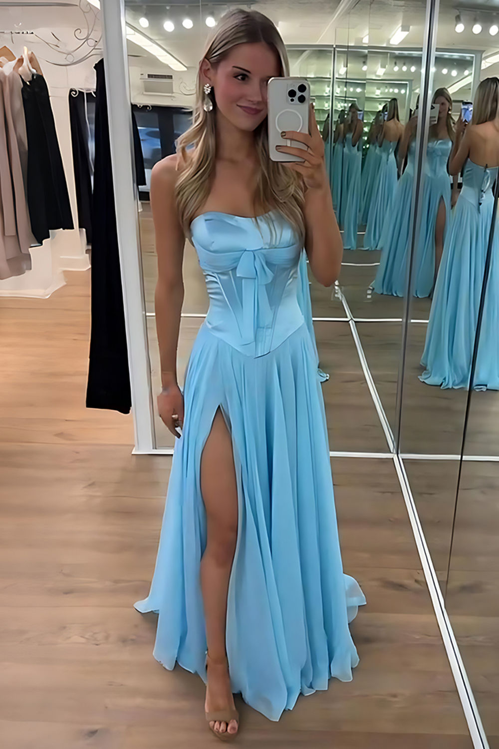 Blue Corset A Line Strapless Long Prom Dress with Slit