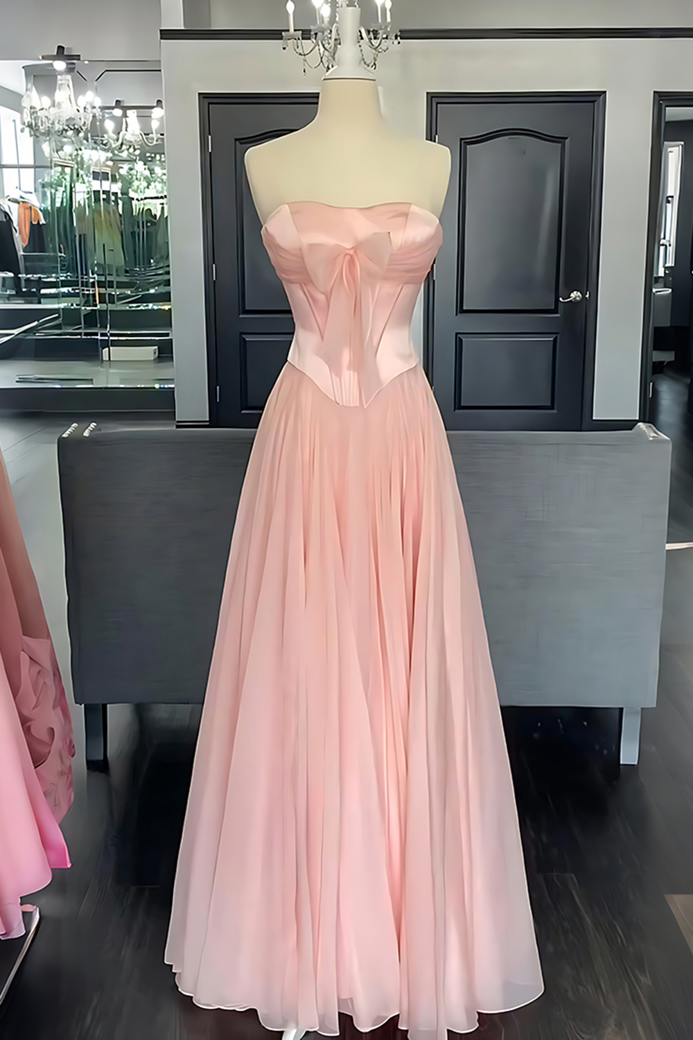 Blush Chiffon A Line Strapless Long Corset Prom Dress with Slit