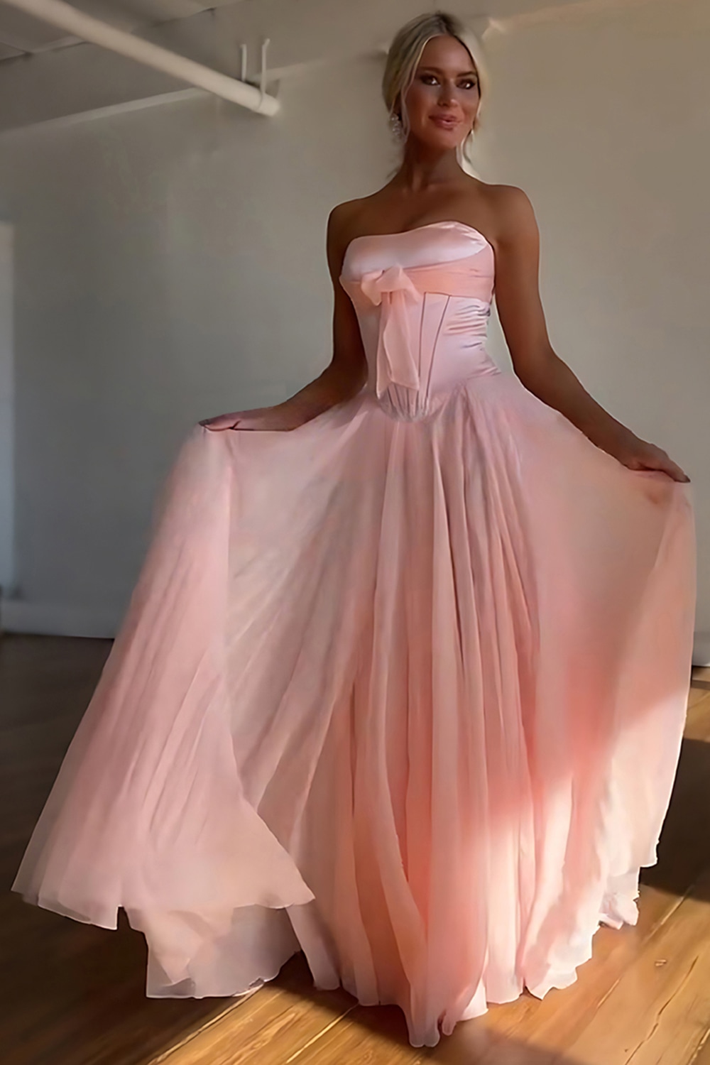 Blue A-Line Strapless Bowknot Long Corset Prom Dress with Slit