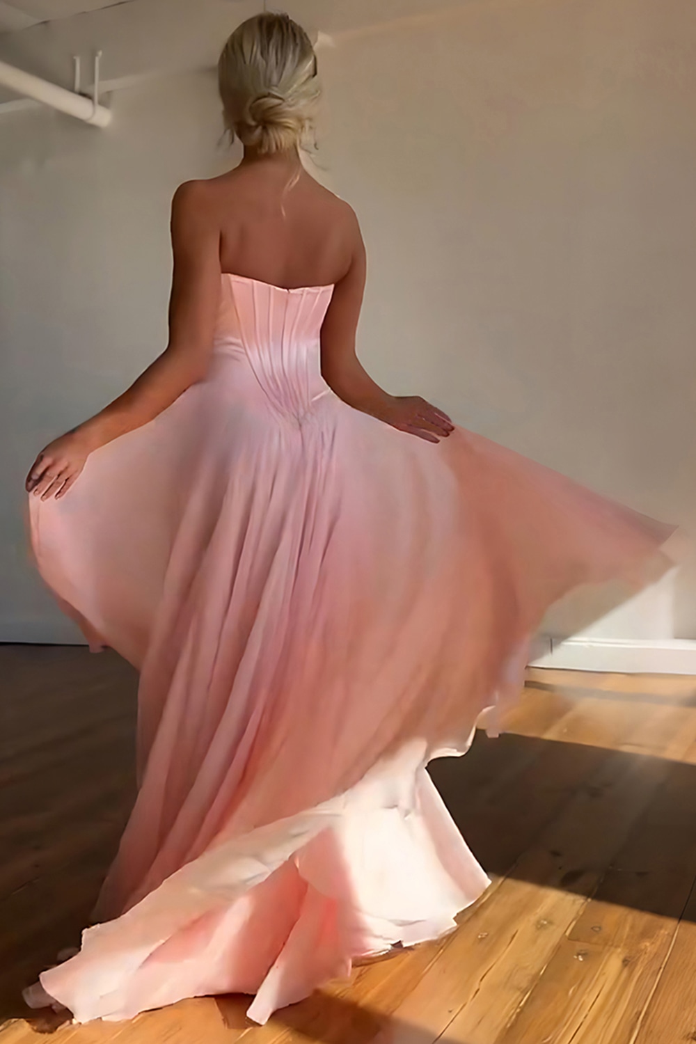 Blue A-Line Strapless Bowknot Long Corset Prom Dress with Slit