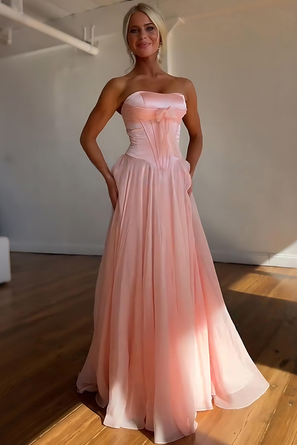 Blue A-Line Strapless Bowknot Long Corset Prom Dress with Slit