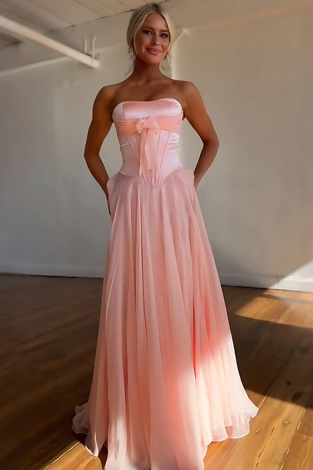 Blue A-Line Strapless Bowknot Long Corset Prom Dress with Slit