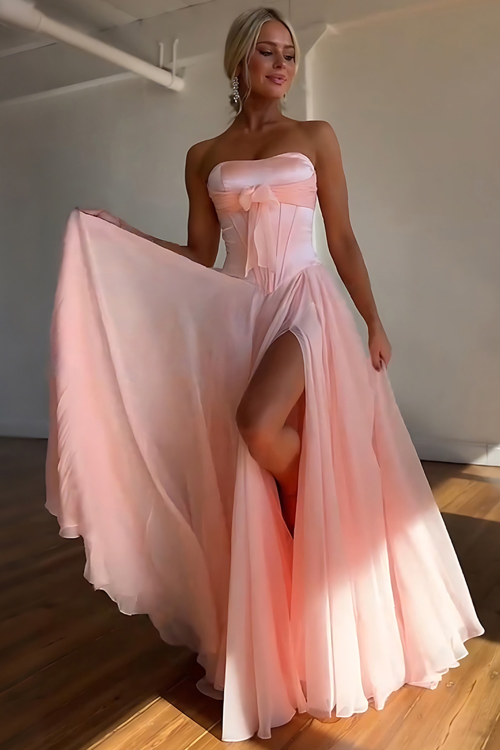 Blue A-Line Strapless Bowknot Long Corset Prom Dress with Slit