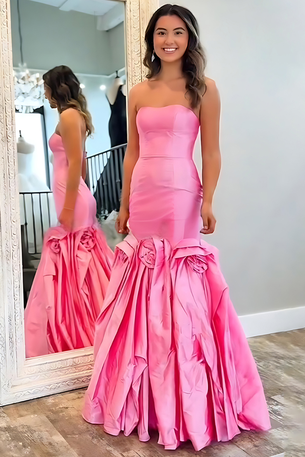 Hot Pink Floral Mermaid Strapless Long Prom Dress