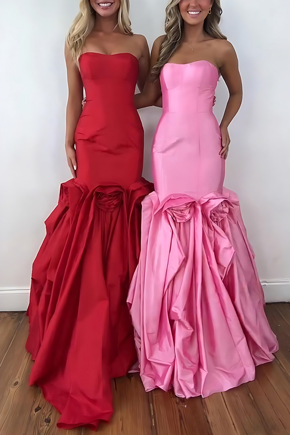 Hot Pink Mermaid Strapless Long Satin Prom Dress with Ruffles