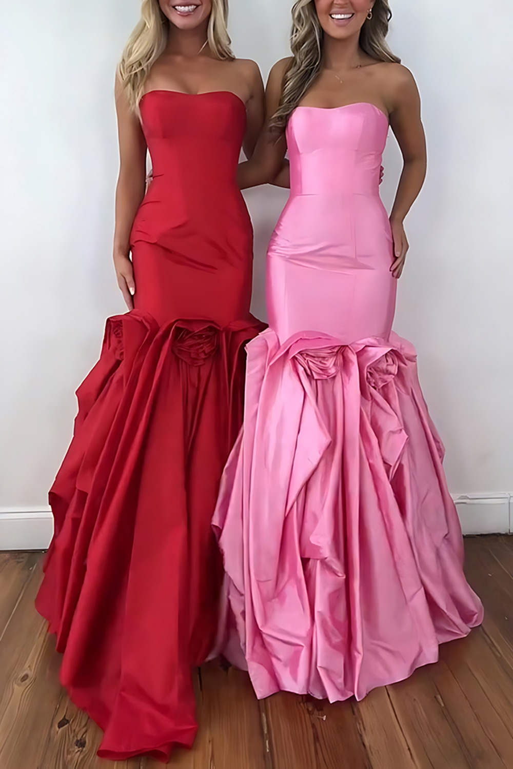 Hot Pink Mermaid Strapless Long Satin Prom Dress with Ruffles