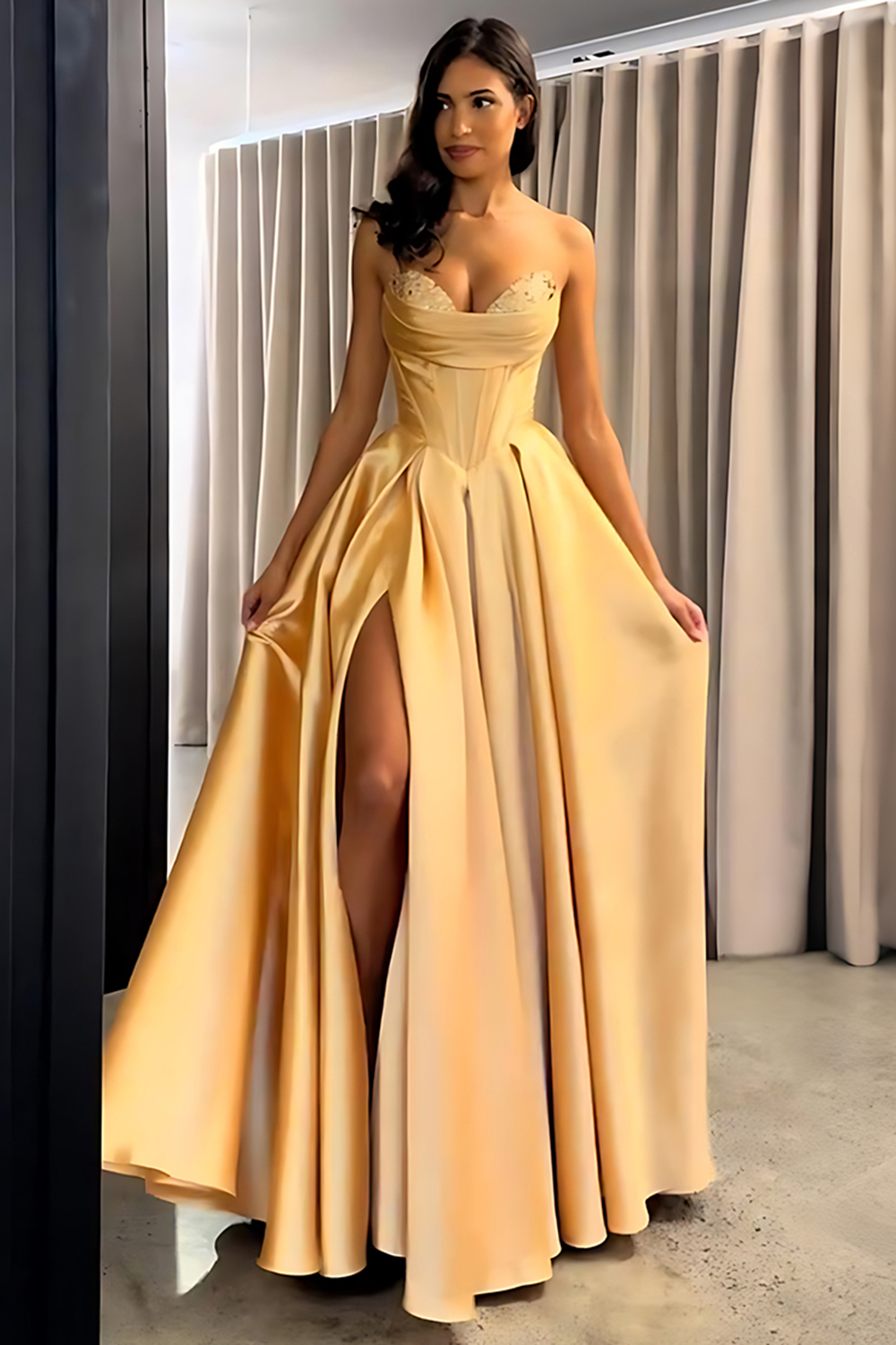 Sparkly Golden Sweetheart Corset Beaded Long Prom Dress with Slit