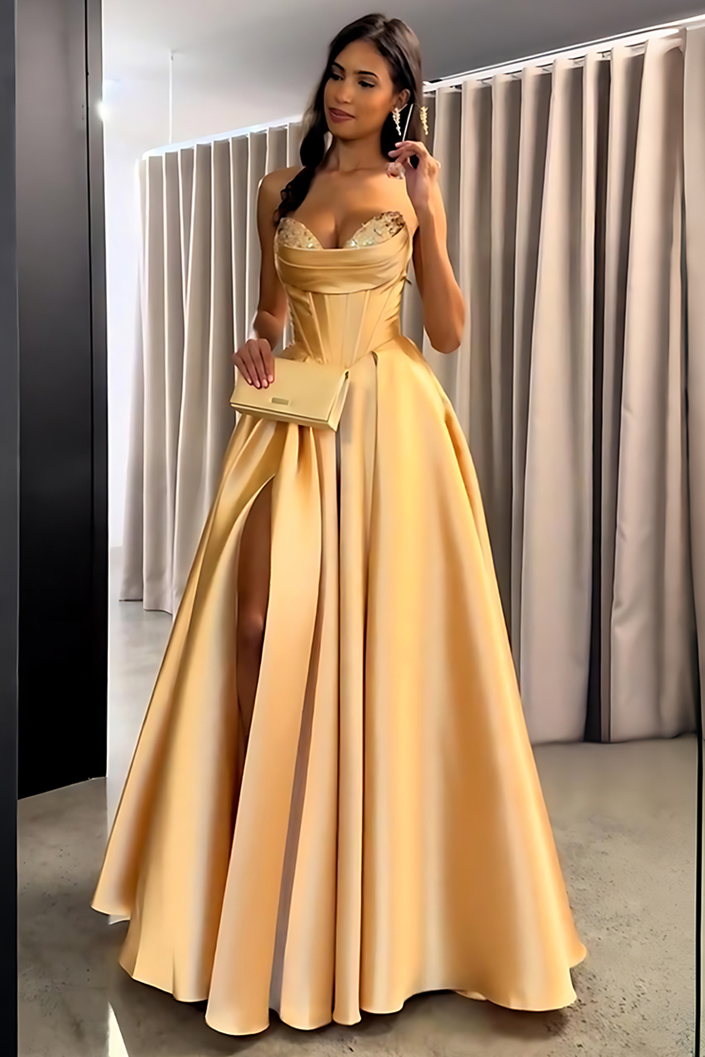 Sparkly Golden Sweetheart Corset Beaded Long Prom Dress with Slit