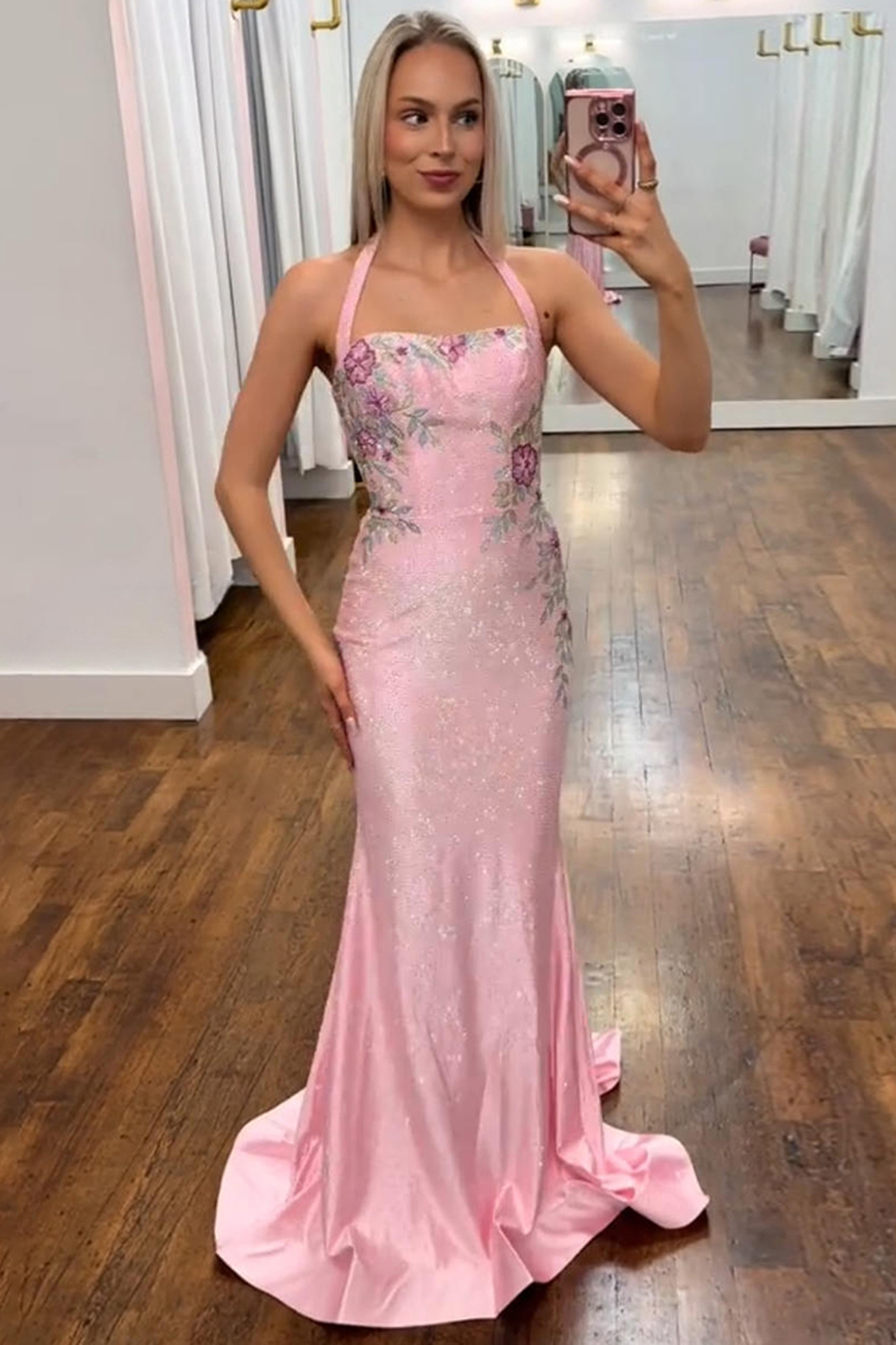 Floral White Mermaid Beaded Halter Long Sparkly Prom Dress