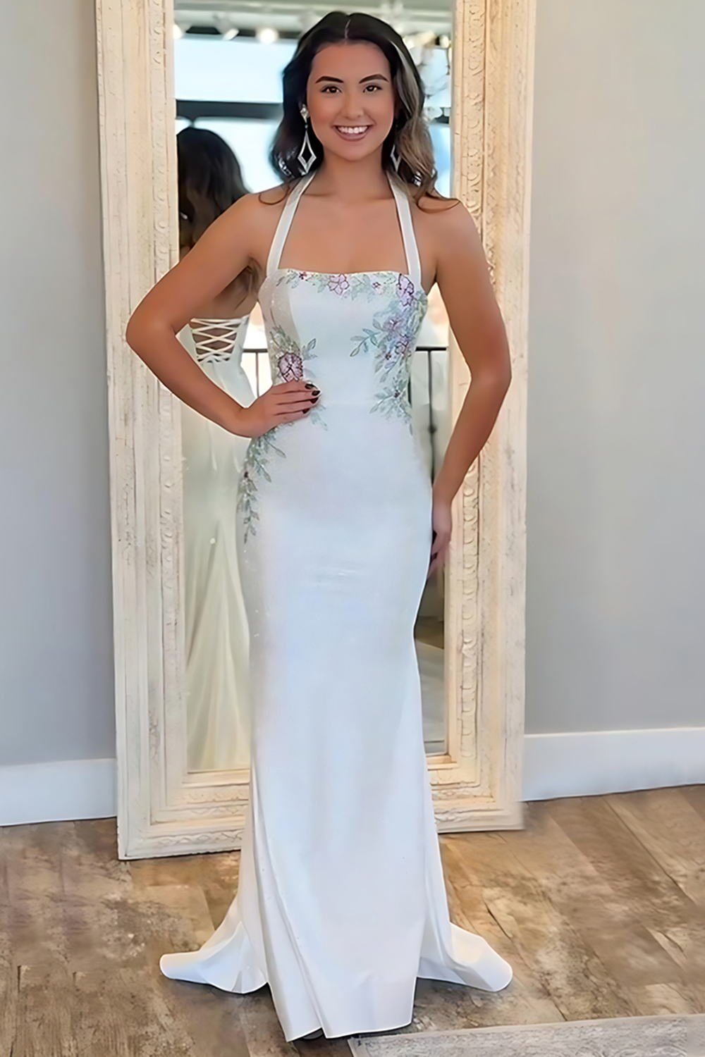 Floral White Mermaid Halter Long Prom Dress