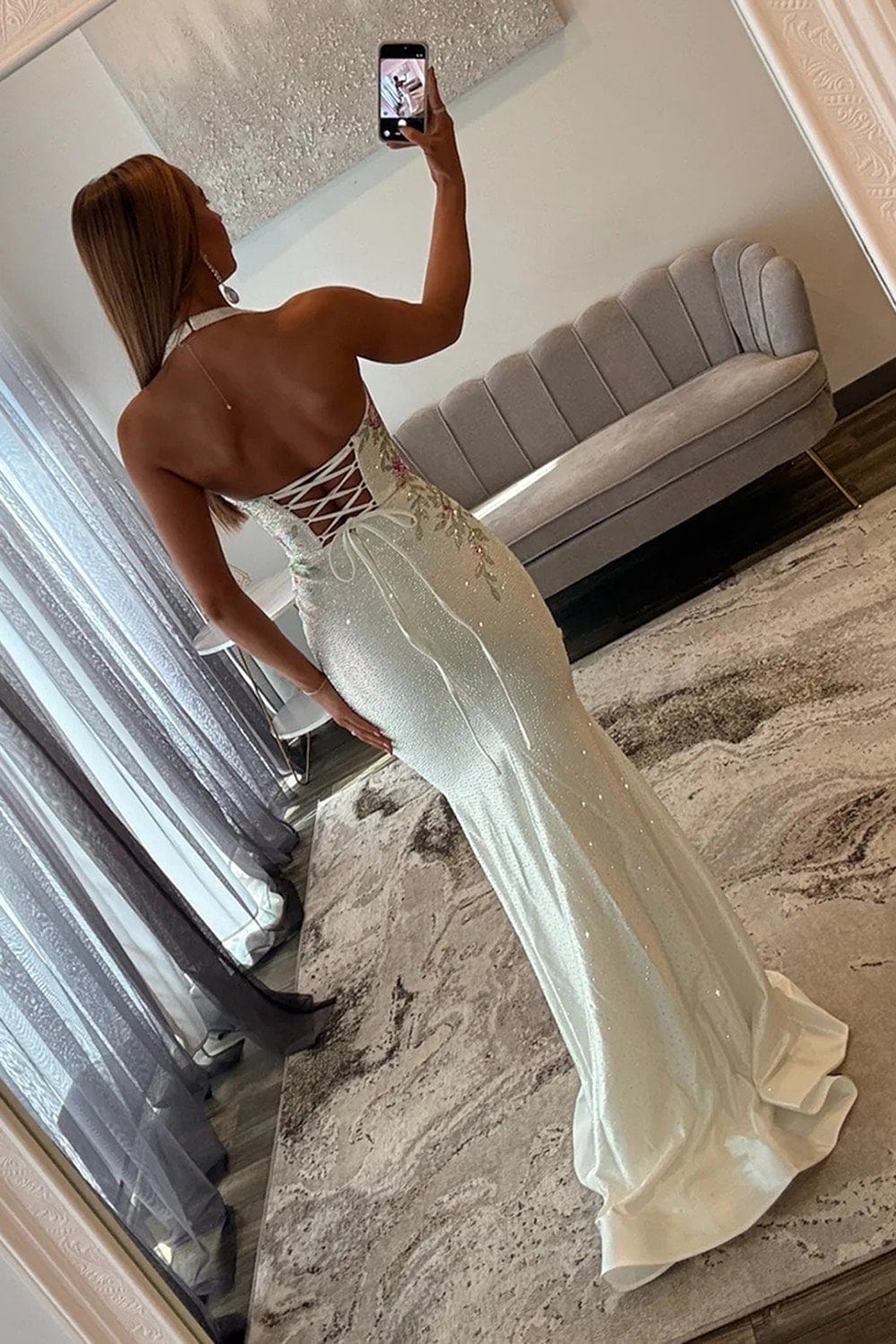 Floral White Mermaid Beaded Halter Long Sparkly Prom Dress