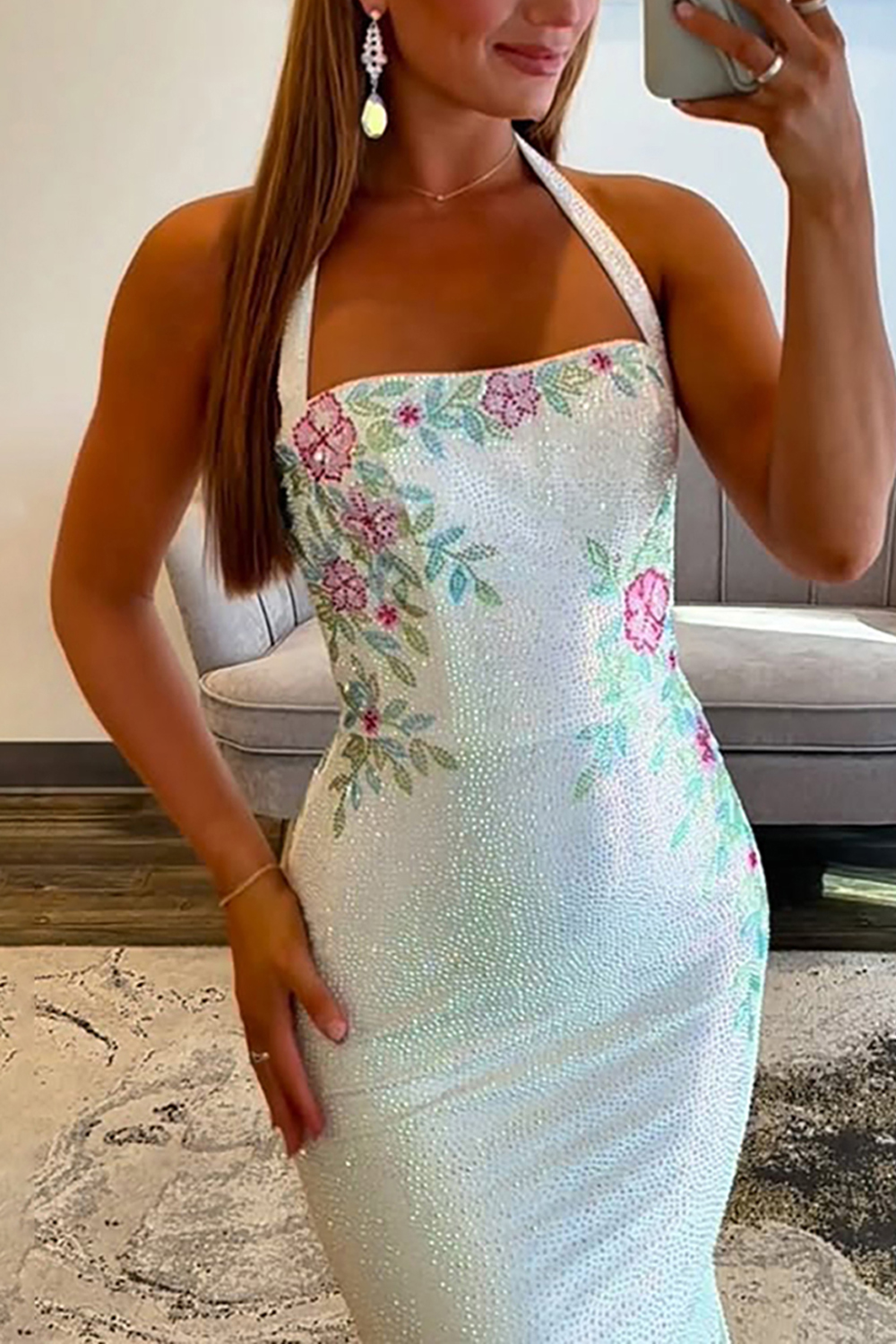 Sparkly White Floral Printed Halter Long Mermaid Prom Dress