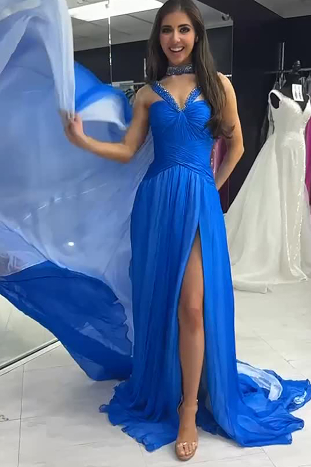 Sparkly Royal Blue Halter Neck Tulle Sheath Beaded Long Prom Dress with Slit