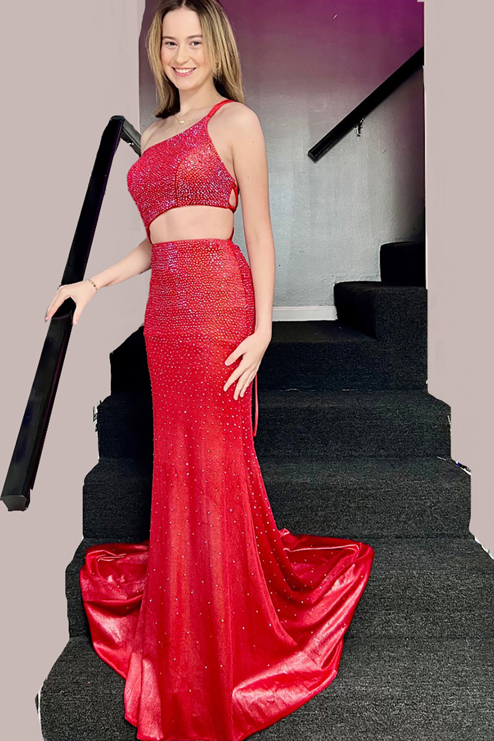 Sparkly Red Cut Out One Shoulder Mermaid Long Prom Dress with Beading