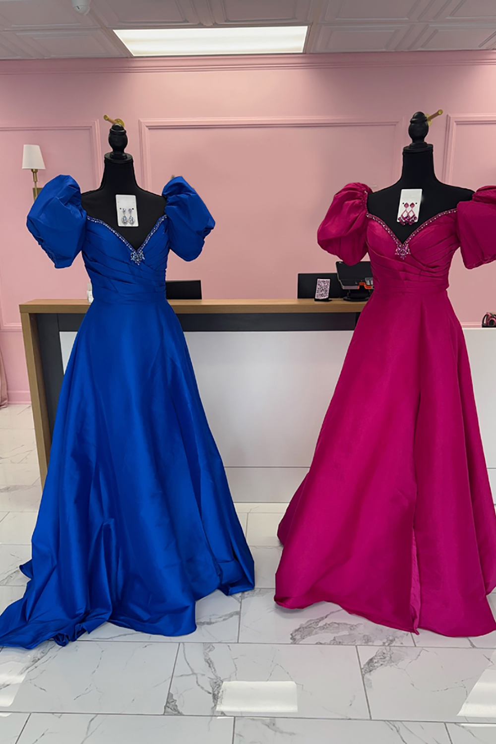 Sparkly Fuchsia A-Line V-Neck Ruched Satin Puff Sleeves Long Prom Dress