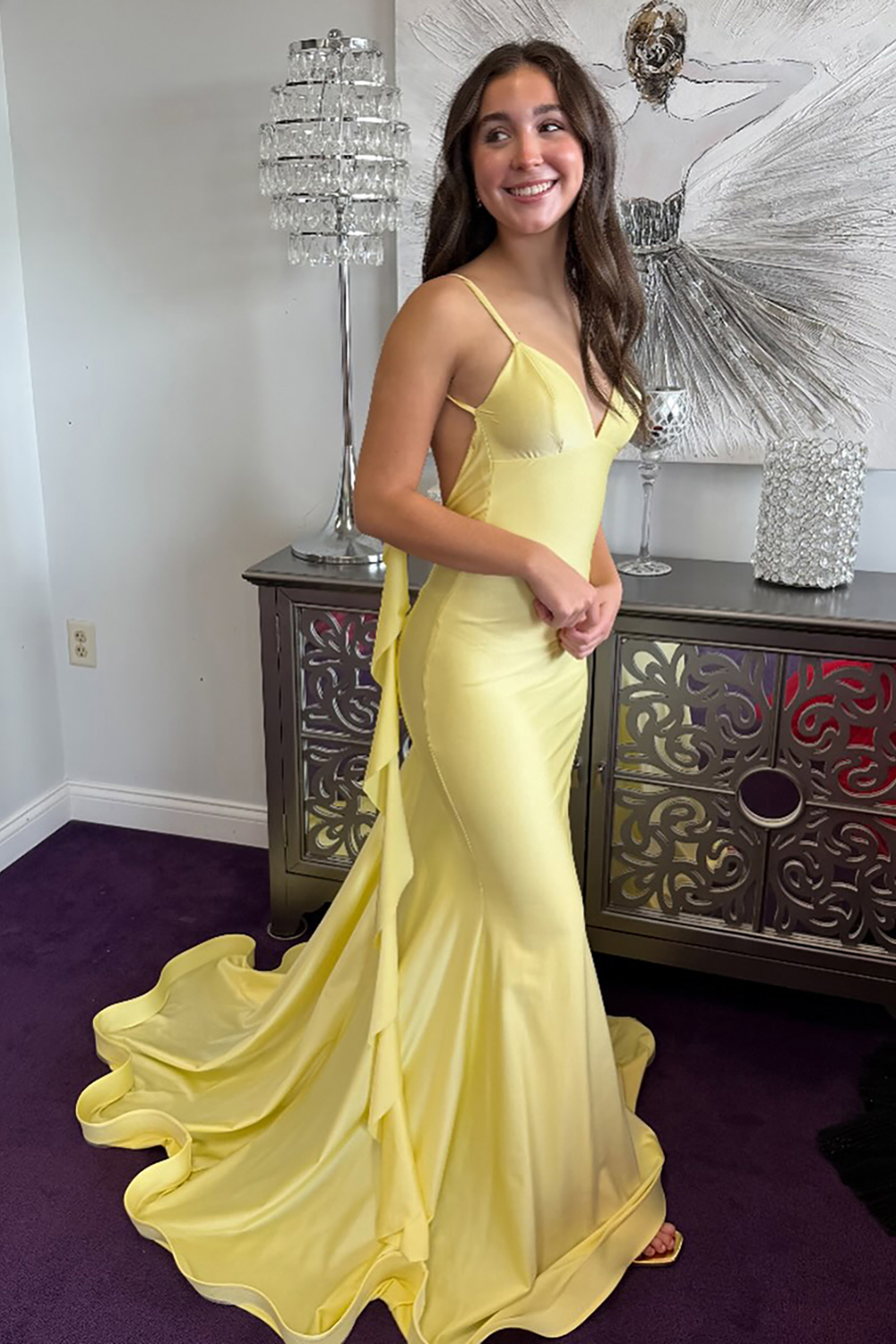 Red Mermaid Backless Satin V-Neck Long Corset Prom Dress with Ruffles