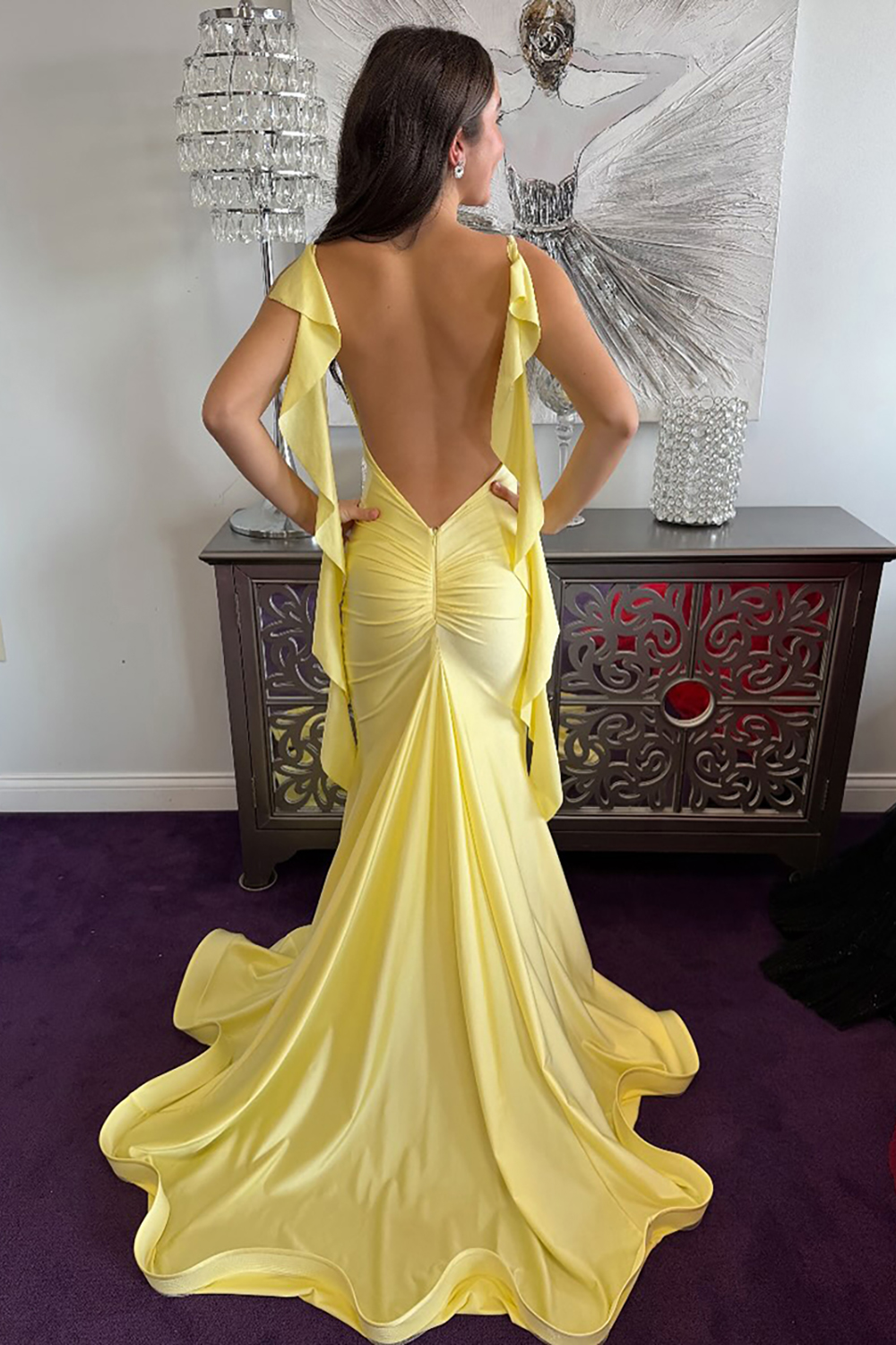 Red Mermaid Backless Satin V-Neck Long Corset Prom Dress with Ruffles