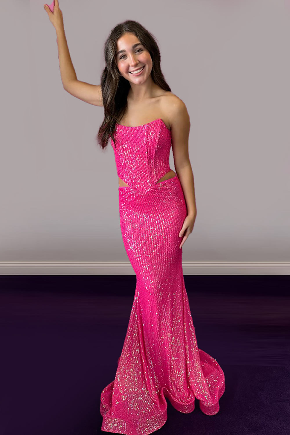 Sparkly Fuchsia Mermaid Cut Out Strapless Long Prom Dress with Beading