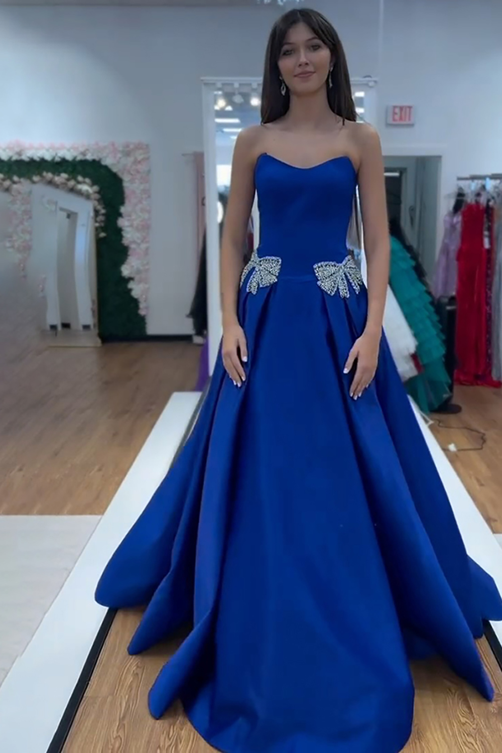 Sparkly Royal Blue Sweetheart Beaded Long Prom Dress with Bow