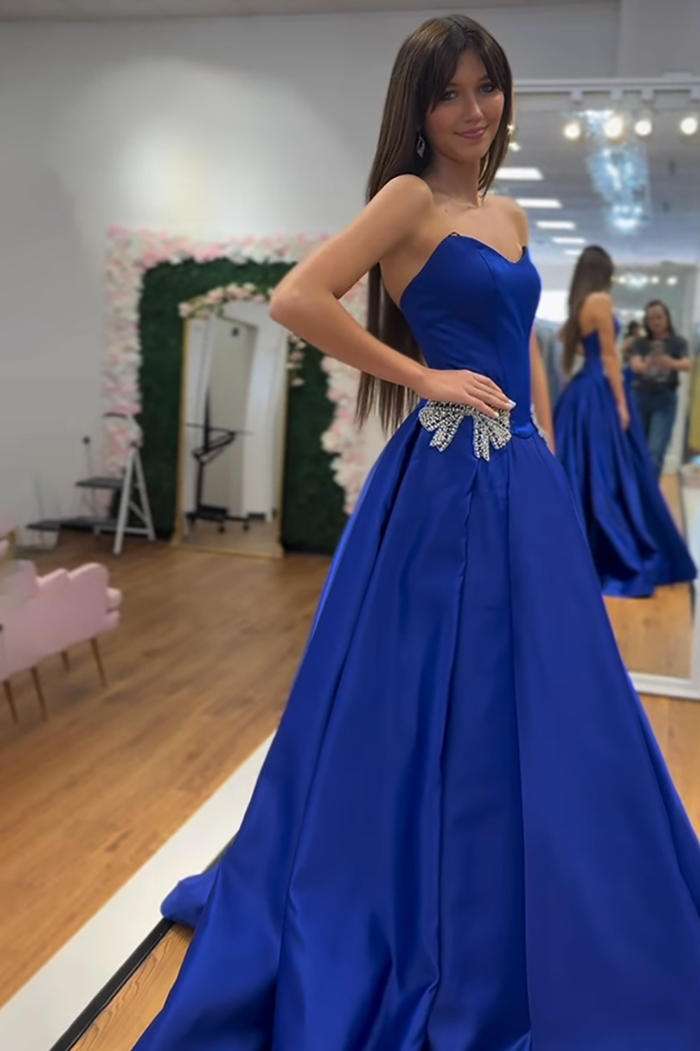 Sparkly Royal Blue Sweetheart Beaded Long Prom Dress with Bow