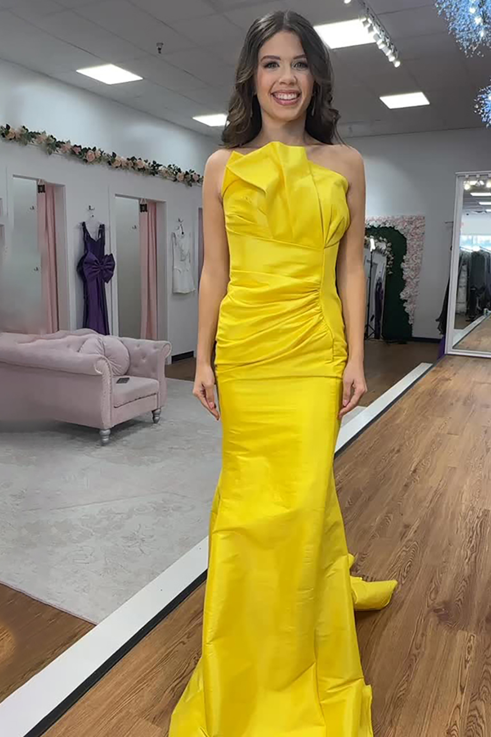 Yellow Mermaid Strapless Ruched Long Prom Dress