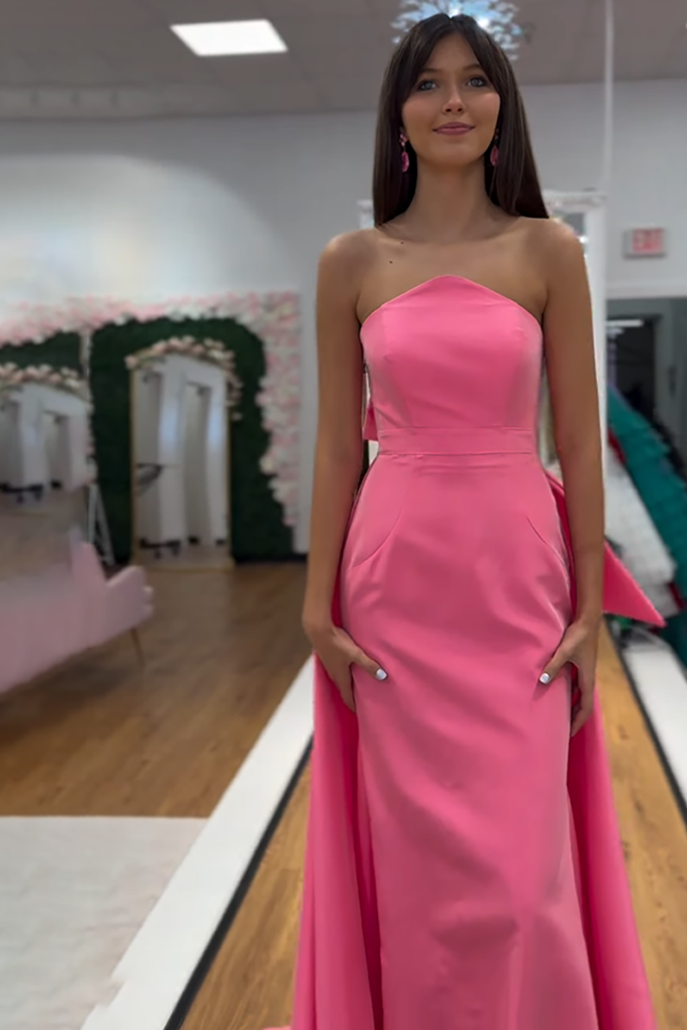 Pink Mermaid Strapless Long Prom Dress with Cape