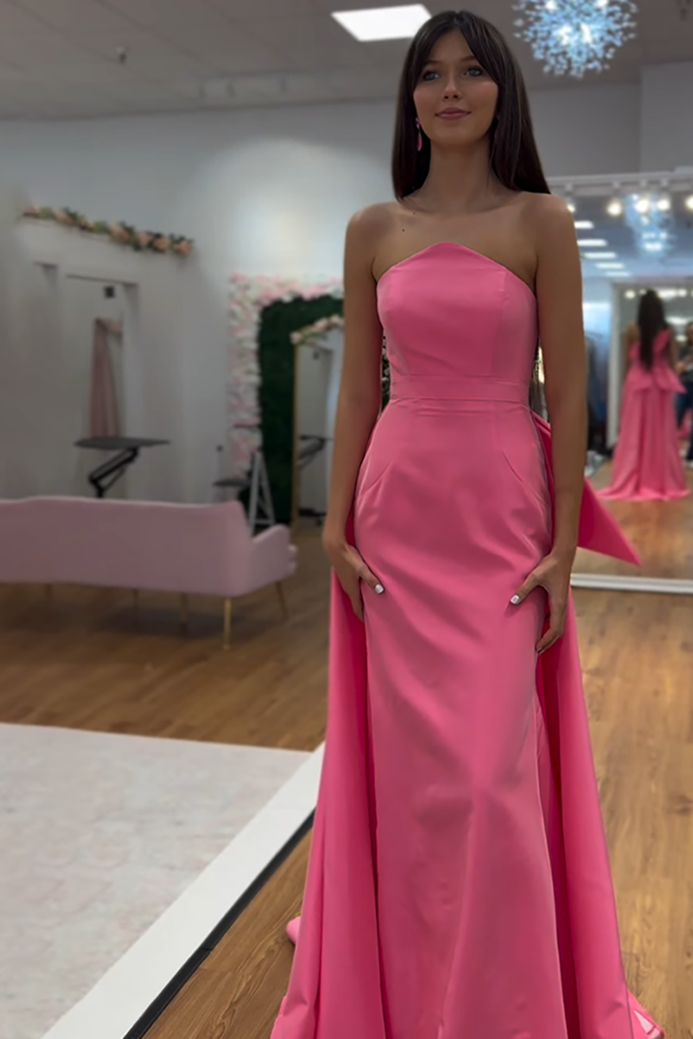 Pink Mermaid Strapless Long Prom Dress with Cape