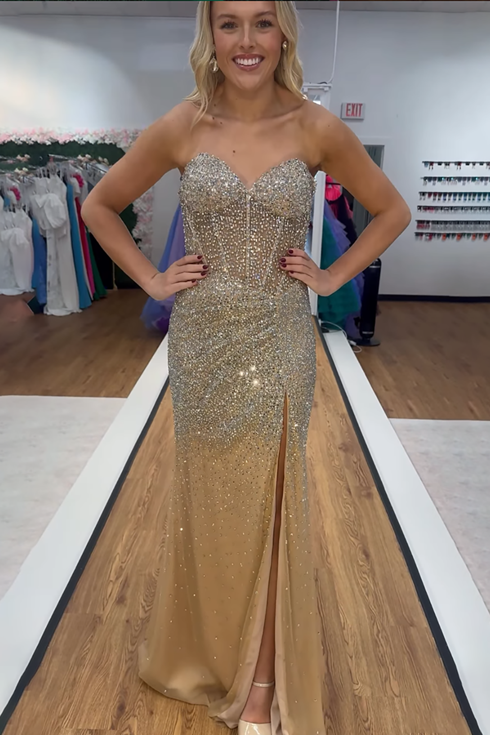 Sparkly Gold Corset Mermaid Beaded Long Prom Dress with Slit