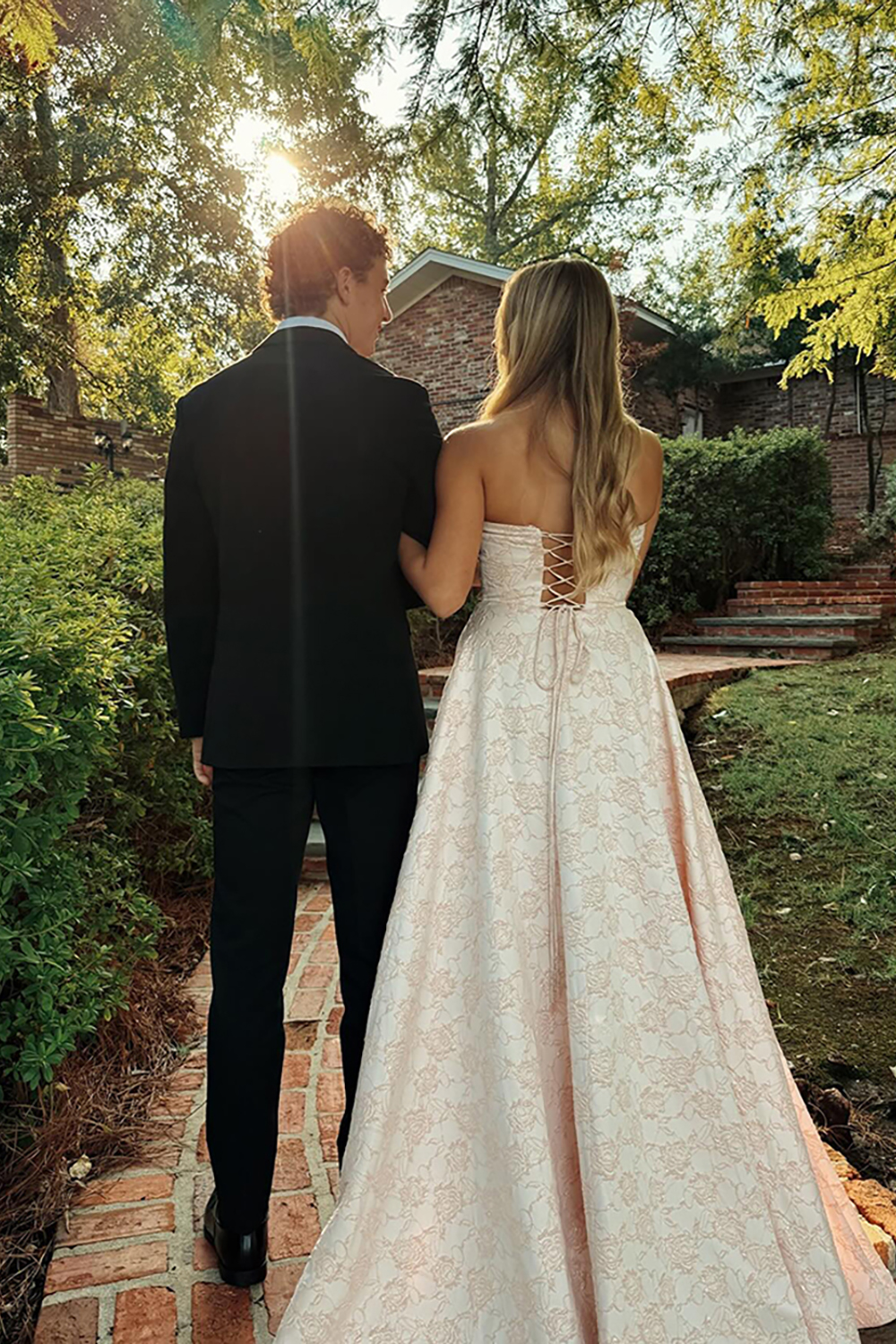 Floral Pink Jacquard Corset Strapless A Line Long Prom Dress