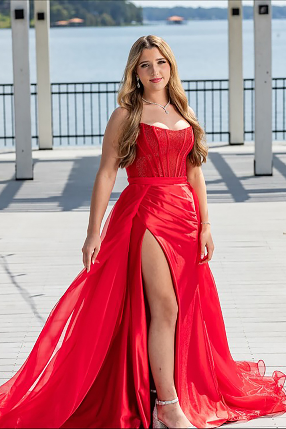 Sparkly Red Corset Mermaid Beaded Long Prom Dress with Cape
