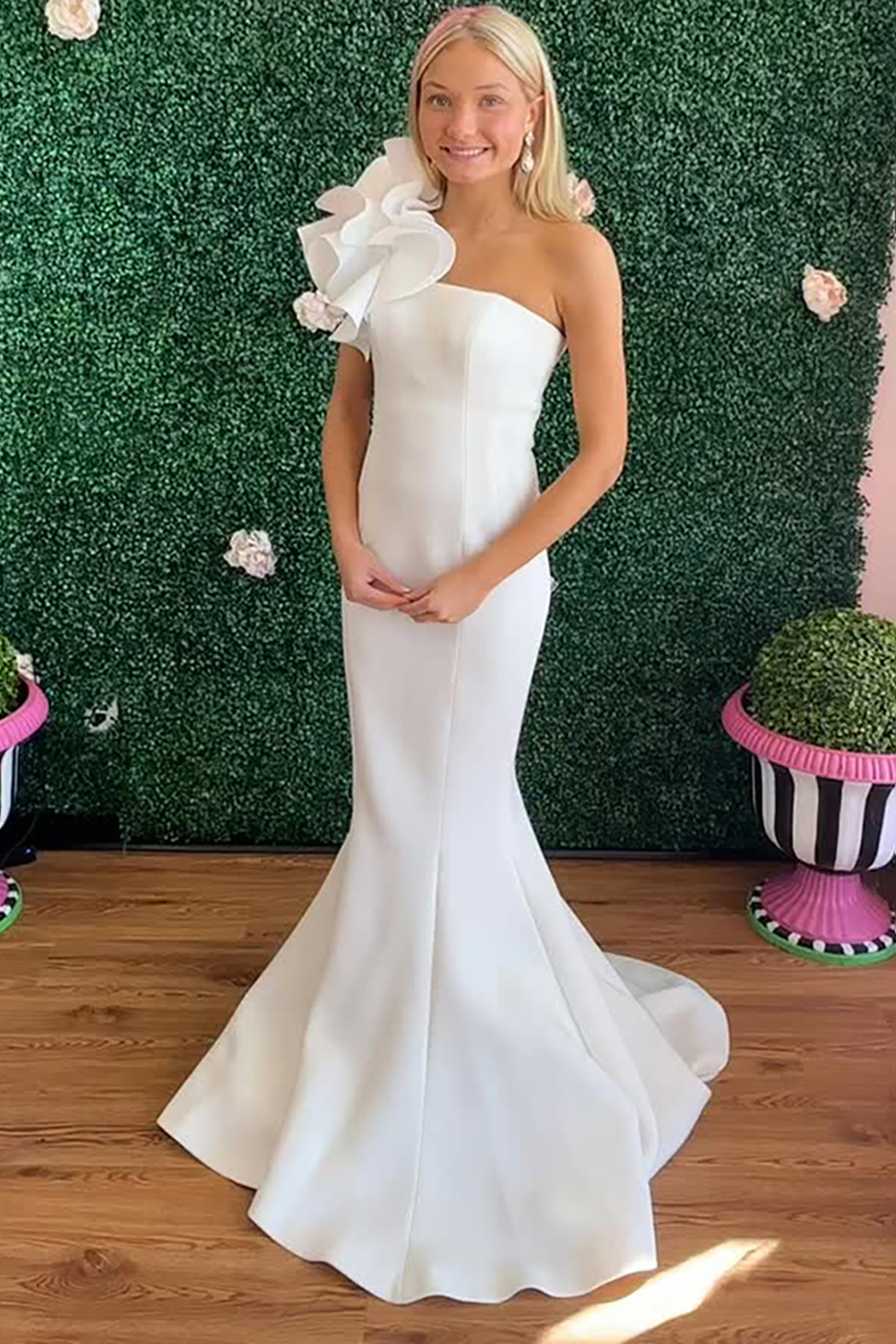 One Shoulder White Floral Mermaid Long Prom Dress