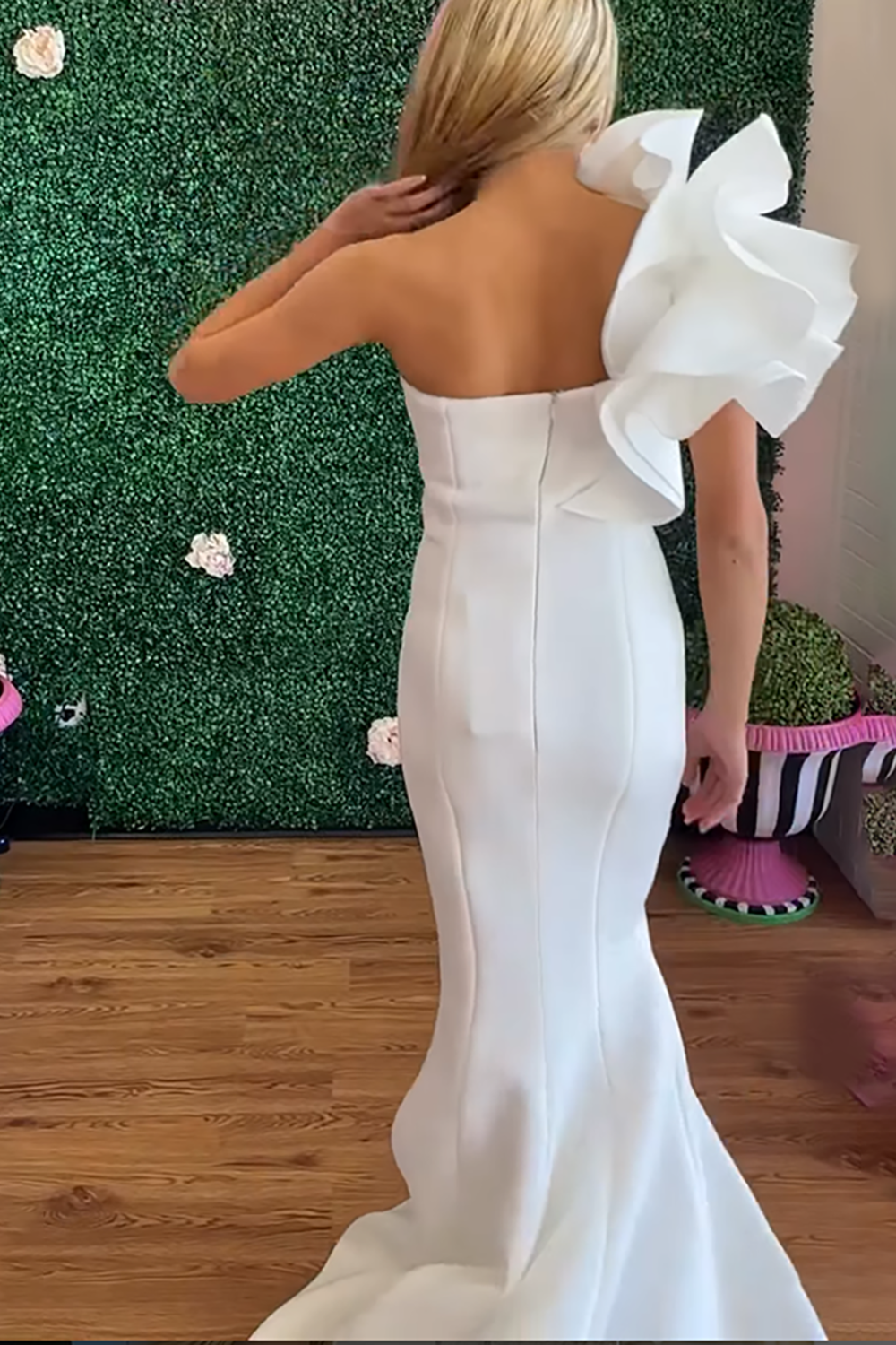 One Shoulder White Floral Mermaid Long Prom Dress